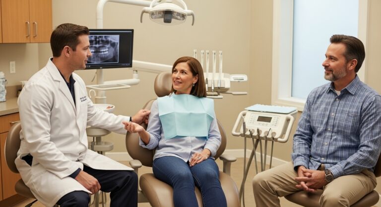 Dentist consulting a family in a modern dental office in Tamarac