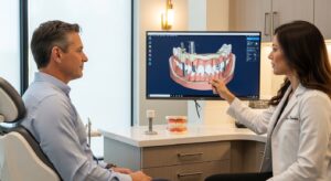 Patient discussing dental implants with a dentist in a modern office