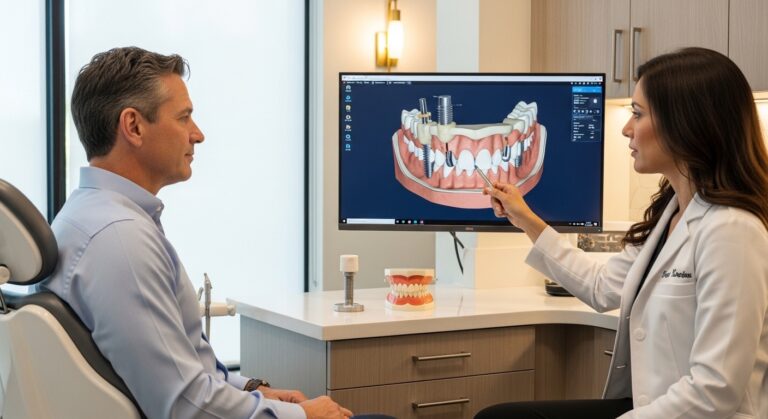 Patient discussing dental implants with a dentist in a modern office