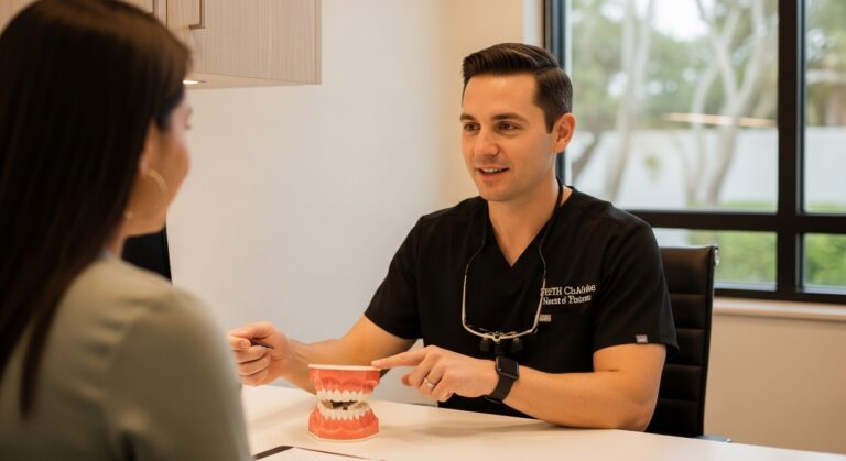 Dentist consulting with a family about teeth cleaning in a Tamarac dental office