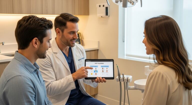 Dentist with family in a clean, professional setting discussing dental care