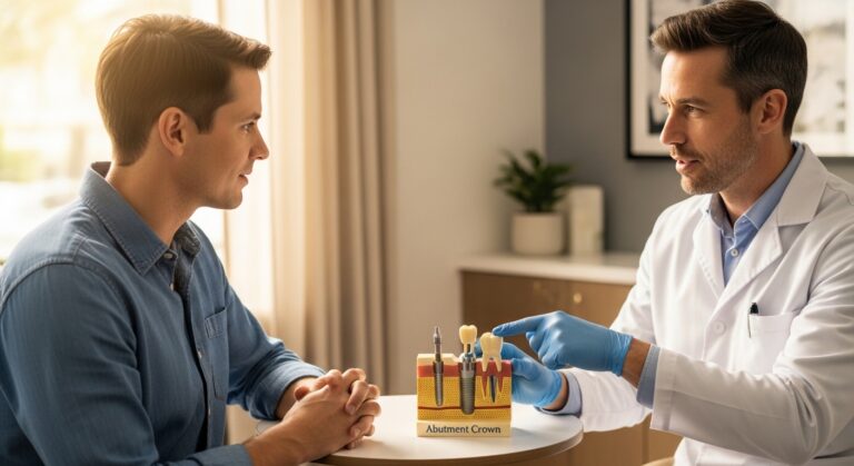 Dentist and patient discussing dental implant model showing abutment crowns in an office.