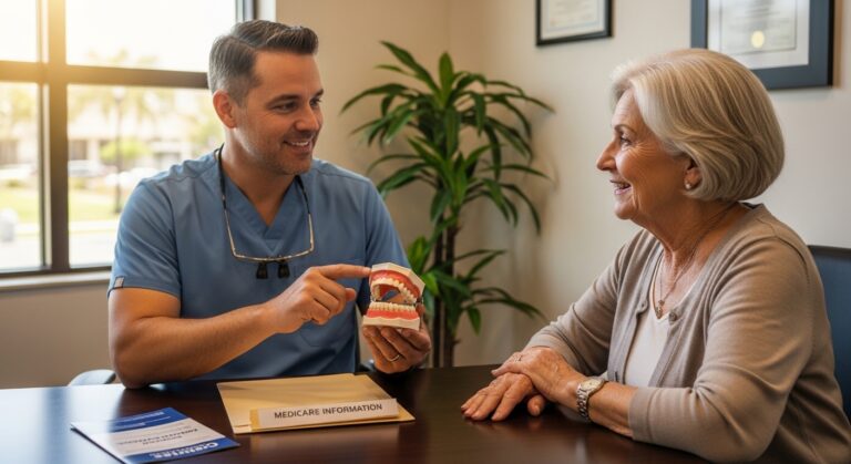 Dentist discussing dentures and Medicare options with a senior patient.