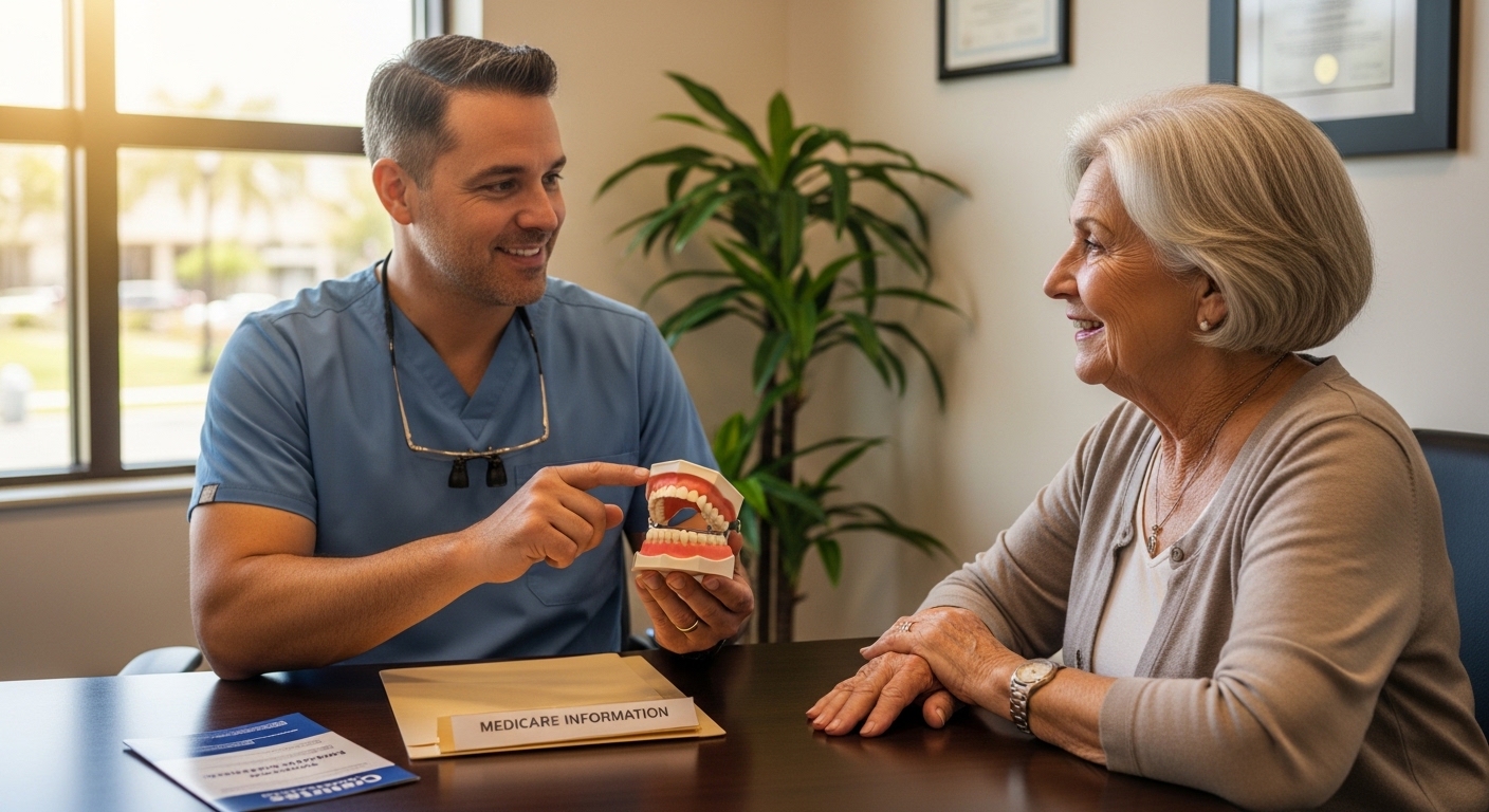 Dentist discussing dentures and Medicare options with a senior patient.