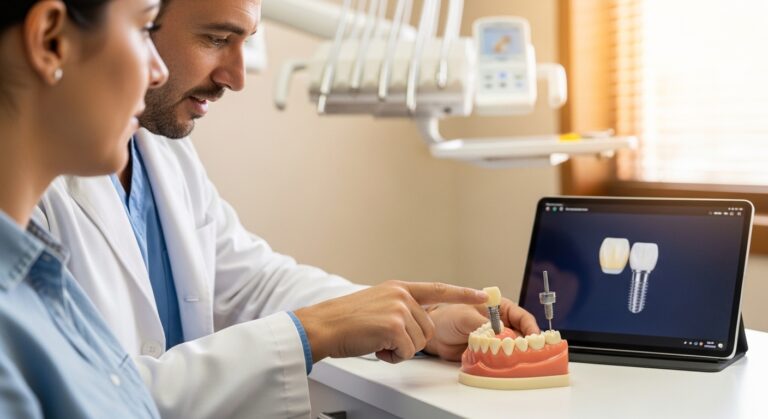 Dentist and patient discussing dental implants in an office